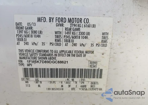 2013 Ford Explorer Xlt z USA, uszkodzony, nr VIN 1FM5K7D89DGC88621